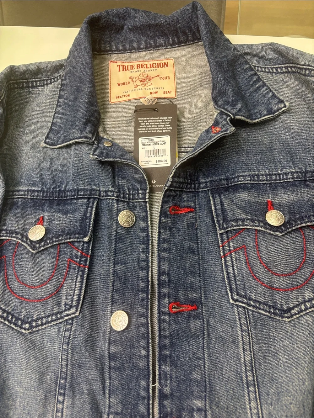 True Religion Denim Jacket in Medium Blue with Red Stitching large